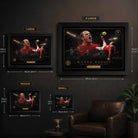 Wayne Rooney size guide showing multiple frame dimensions, football artwork scaling, framed sports memorabilia overview
