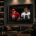 Steve Young and Troy Aikman NFL wall art in a dark man cave with leather seating and warm display lighting.
