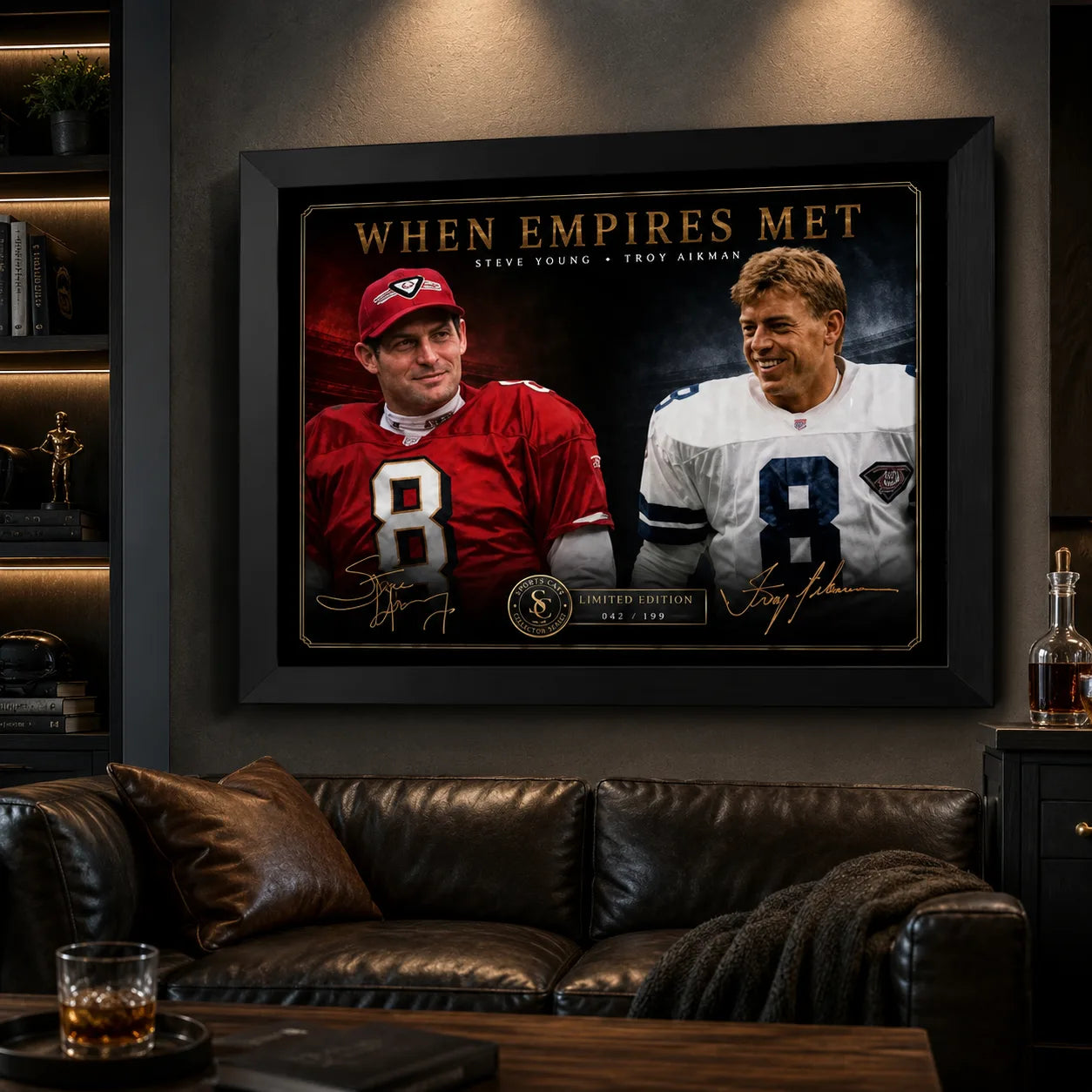 Steve Young and Troy Aikman NFL wall art in a dark man cave with leather seating and warm display lighting.