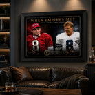 Steve Young and Troy Aikman NFL wall art in a dark man cave with leather seating and warm display lighting.