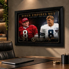 When Empires Met NFL wall art featuring Steve Young and Troy Aikman displayed above a desk in a modern office.