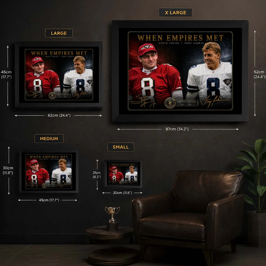 When Empires Met wall art size guide showing S, M, L and XL framed dimensions from 21 × 30 cm to 62 × 87 cm.