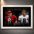 White framed When Empires Met NFL wall art featuring Steve Young and Troy Aikman on a charcoal wall.