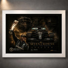 White framed Seven Crowns motorsport wall art featuring the No. 44 car, trophy lift and dark collector artwork.