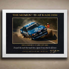 White-framed Dick Johnson Bathurst 1980 crash artwork — limited edition sports wall art celebrating an iconic moment in Australian motorsport, ideal for collectors and man cave décor.