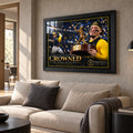 William Contreras Crowned edition in a black frame above a light fabric sofa in a sunlit living room.