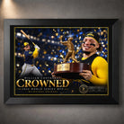 William Contreras Crowned baseball wall art in a black frame, with a batting scene and a portrait holding a trophy.