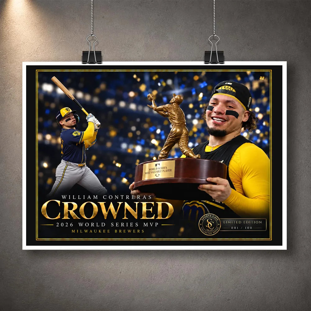 Unframed William Contreras Crowned baseball edition with a gold title, Brewers colours and a limited-edition badge.