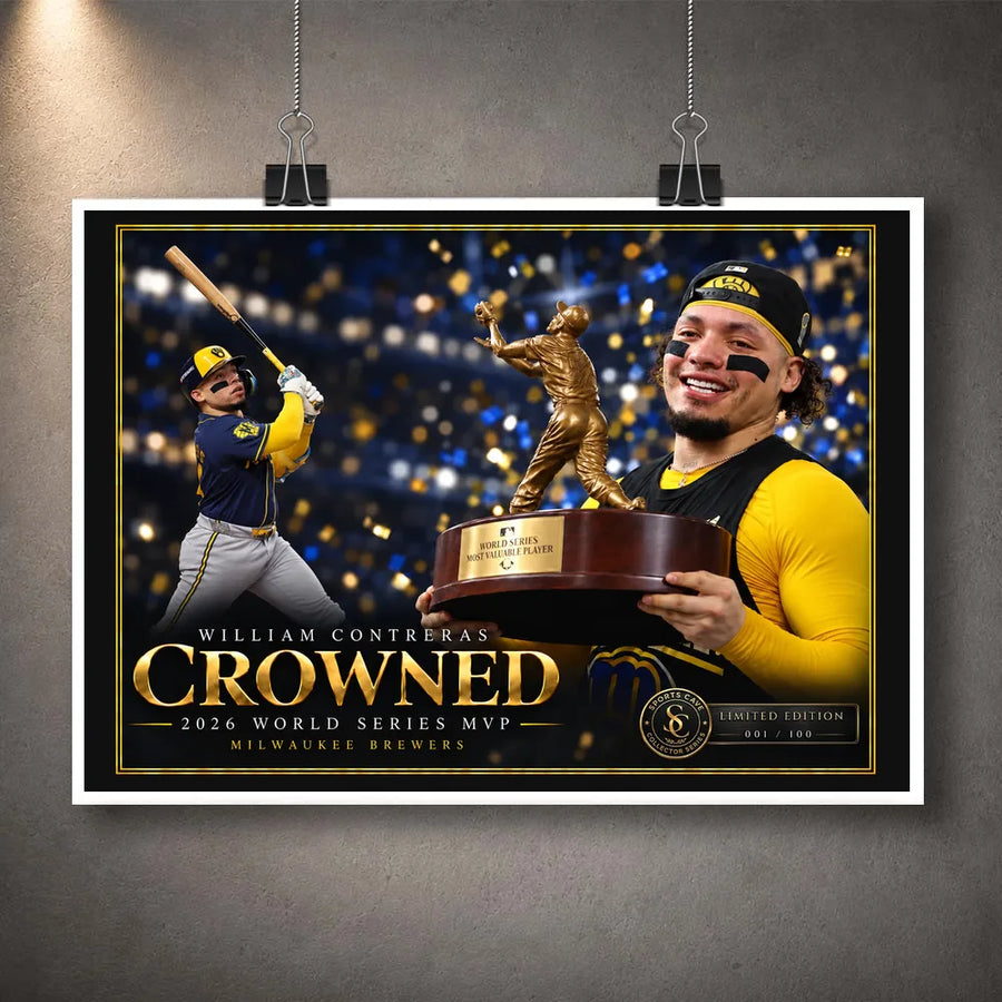 Unframed William Contreras Crowned baseball edition with a gold title, Brewers colours and a limited-edition badge.