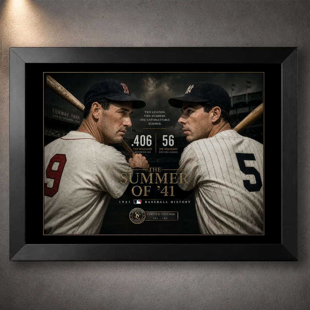 Black framed Williams vs DiMaggio baseball wall art featuring The Summer of ’41 rivalry tribute.
