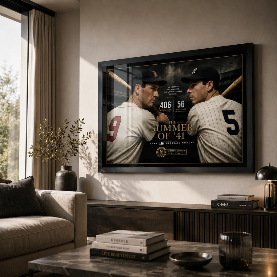 Williams vs DiMaggio wall art displayed in a warm living room with a black frame and natural daylight.