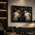 Black framed Williams vs DiMaggio baseball wall art displayed in a dark premium man cave.