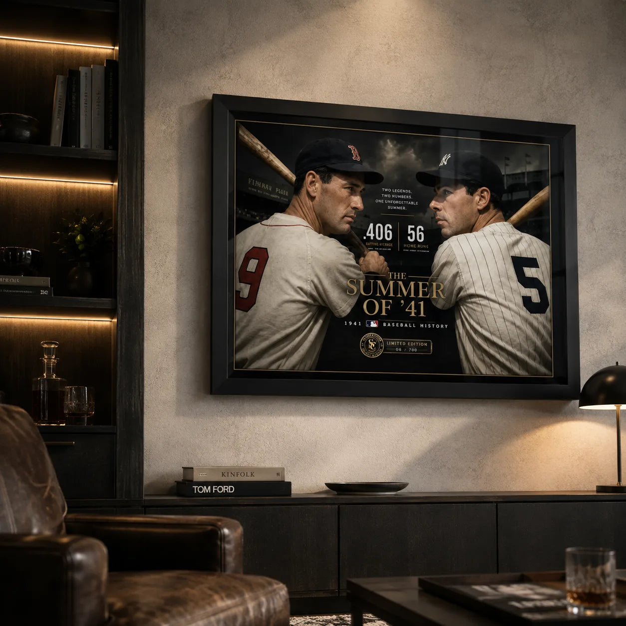 Black framed Williams vs DiMaggio baseball wall art displayed in a dark premium man cave.