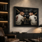 Black framed Williams vs DiMaggio baseball wall art displayed in a dark premium man cave.