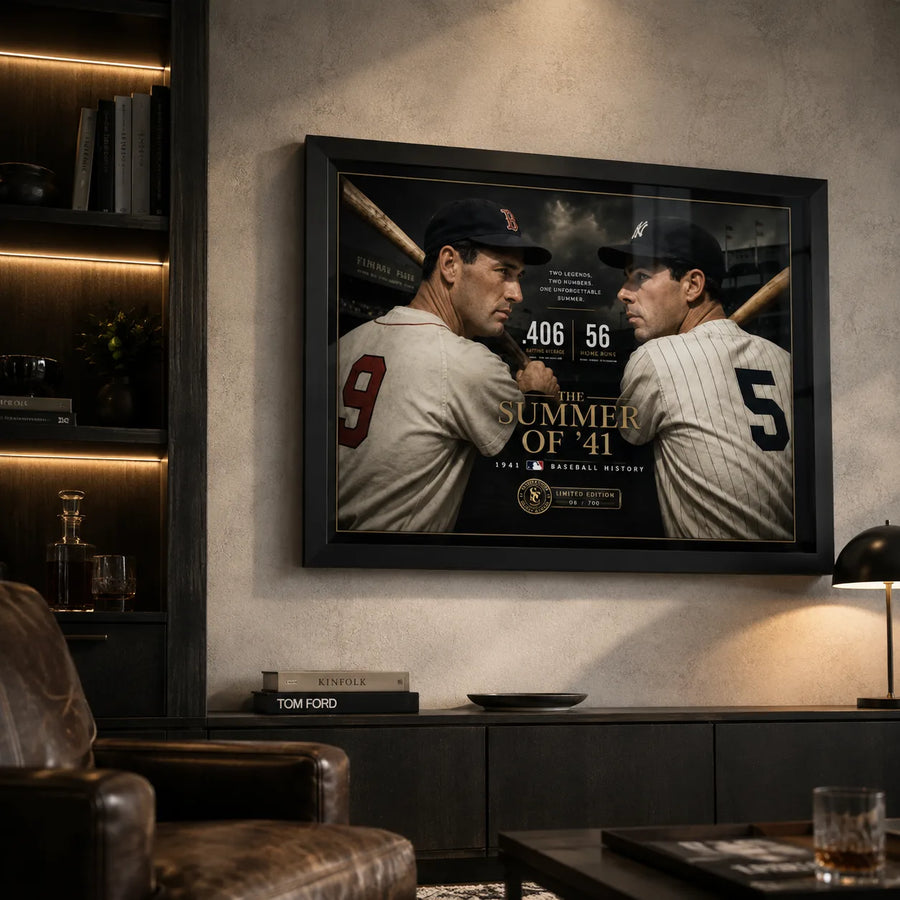 Black framed Williams vs DiMaggio baseball wall art displayed in a dark premium man cave.