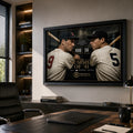 Williams vs DiMaggio wall art in a modern office, shown in a black frame above a timber desk.