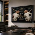Williams vs DiMaggio wall art in a modern office, shown in a black frame above a timber desk.