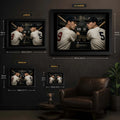Williams vs DiMaggio wall art size guide showing Small, Medium, Large and X Large framed dimensions.
