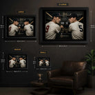 Williams vs DiMaggio wall art size guide showing Small, Medium, Large and X Large framed dimensions.