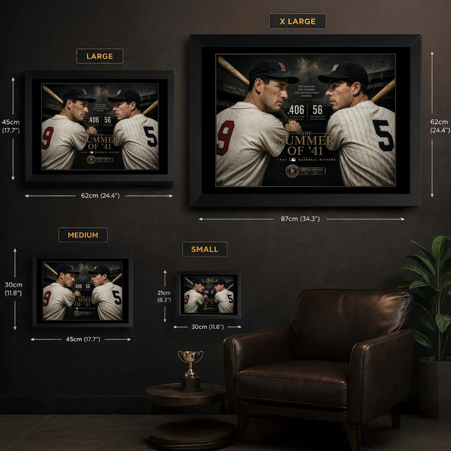 Williams vs DiMaggio wall art size guide showing Small, Medium, Large and X Large framed dimensions.