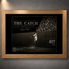 Willie Mays The Catch baseball wall art presented in a natural oak frame against a textured gallery wall.