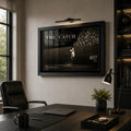 Willie Mays The Catch framed baseball wall art displayed in a modern executive office with dark timber shelving.