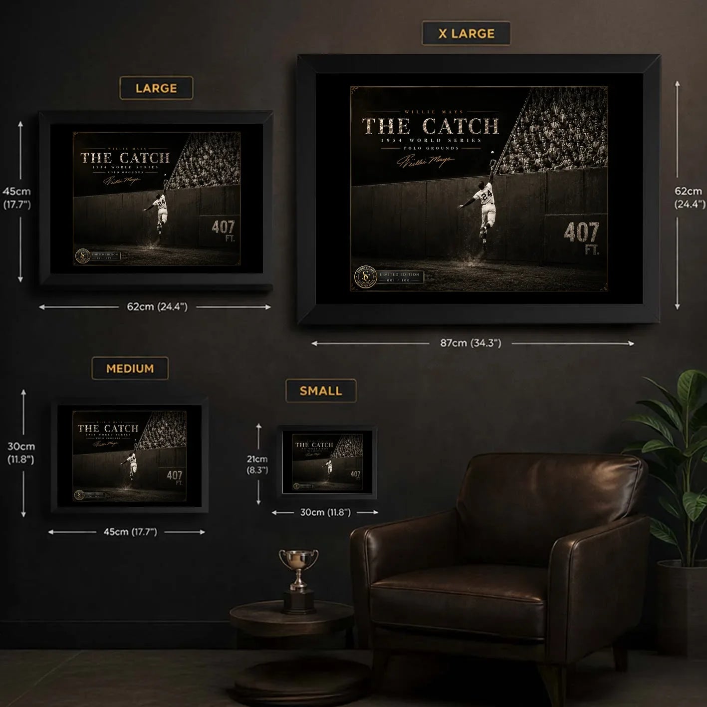 Willie Mays The Catch baseball wall art size guide comparing Small Medium Large and XL framed dimensions.