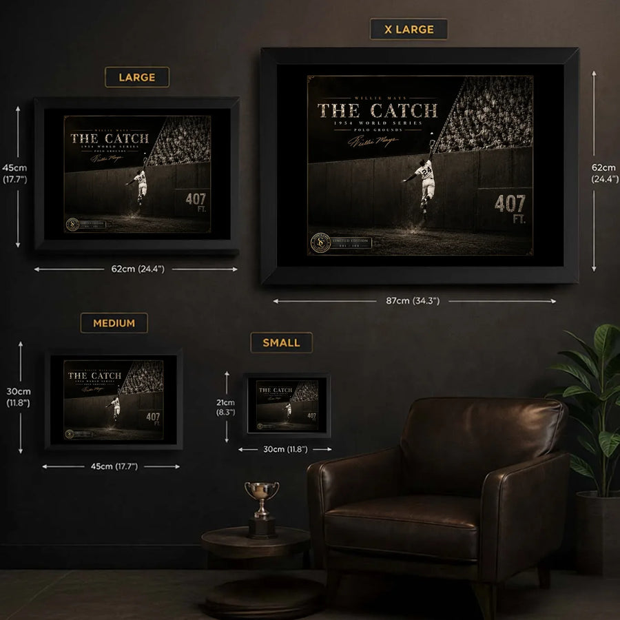 Willie Mays The Catch baseball wall art size guide comparing Small Medium Large and XL framed dimensions.