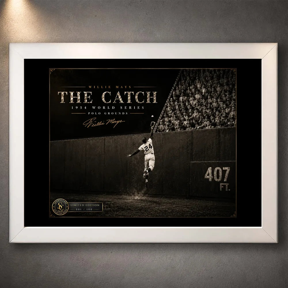 Willie Mays The Catch baseball wall art shown in a clean white frame against a softly lit textured wall.