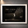 Willie Mays The Catch baseball wall art shown in a clean white frame against a softly lit textured wall.