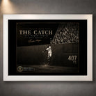 Willie Mays The Catch baseball wall art shown in a clean white frame against a softly lit textured wall.