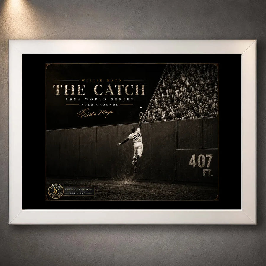 Willie Mays The Catch baseball wall art shown in a clean white frame against a softly lit textured wall.