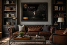 Willie Mays The Catch sports wall art displayed in a refined baseball man cave with leather sofa and collector details.
