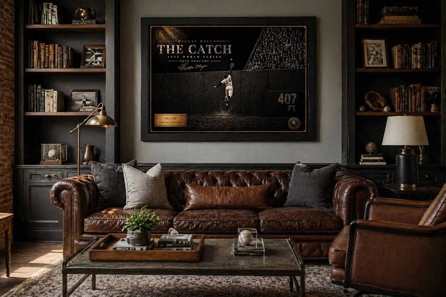 Willie Mays The Catch sports wall art displayed in a refined baseball man cave with leather sofa and collector details.