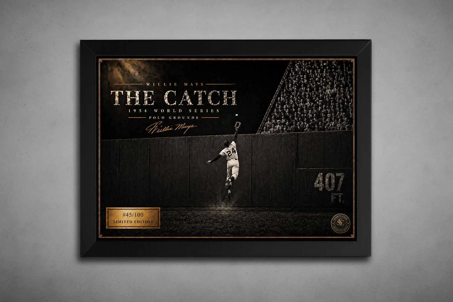 Black framed Willie Mays The Catch baseball sports wall art with vintage Polo Grounds detail and limited edition plaque.