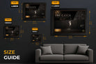 Willie Mays The Catch size guide showing framed sports wall art options from small to extra large for collectors.