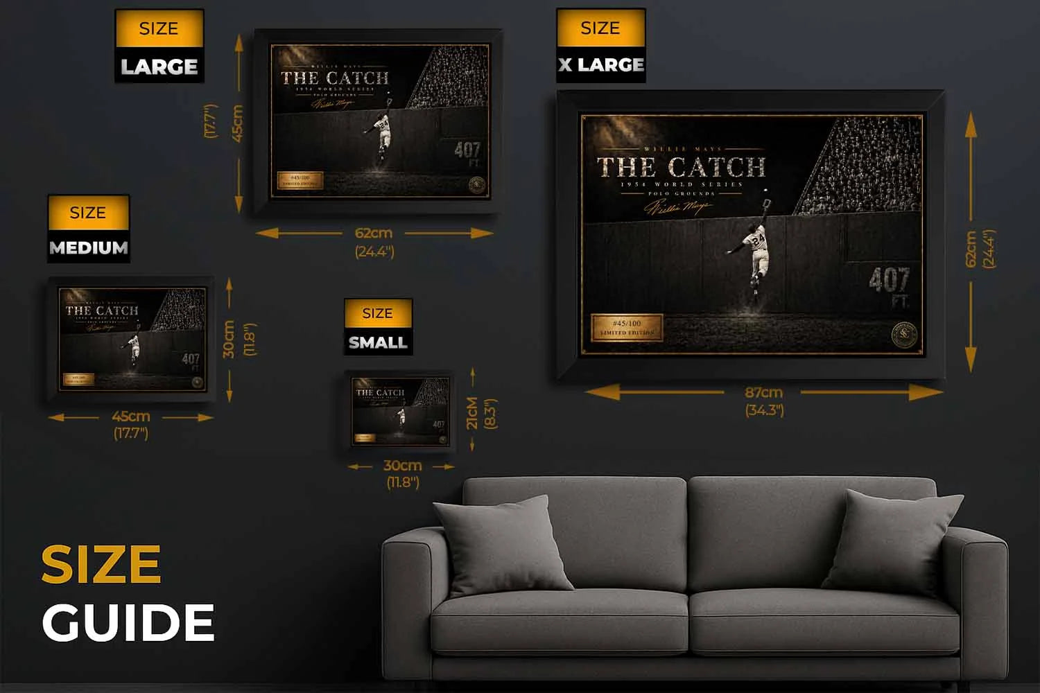 Willie Mays The Catch size guide showing framed sports wall art options from small to extra large for collectors.