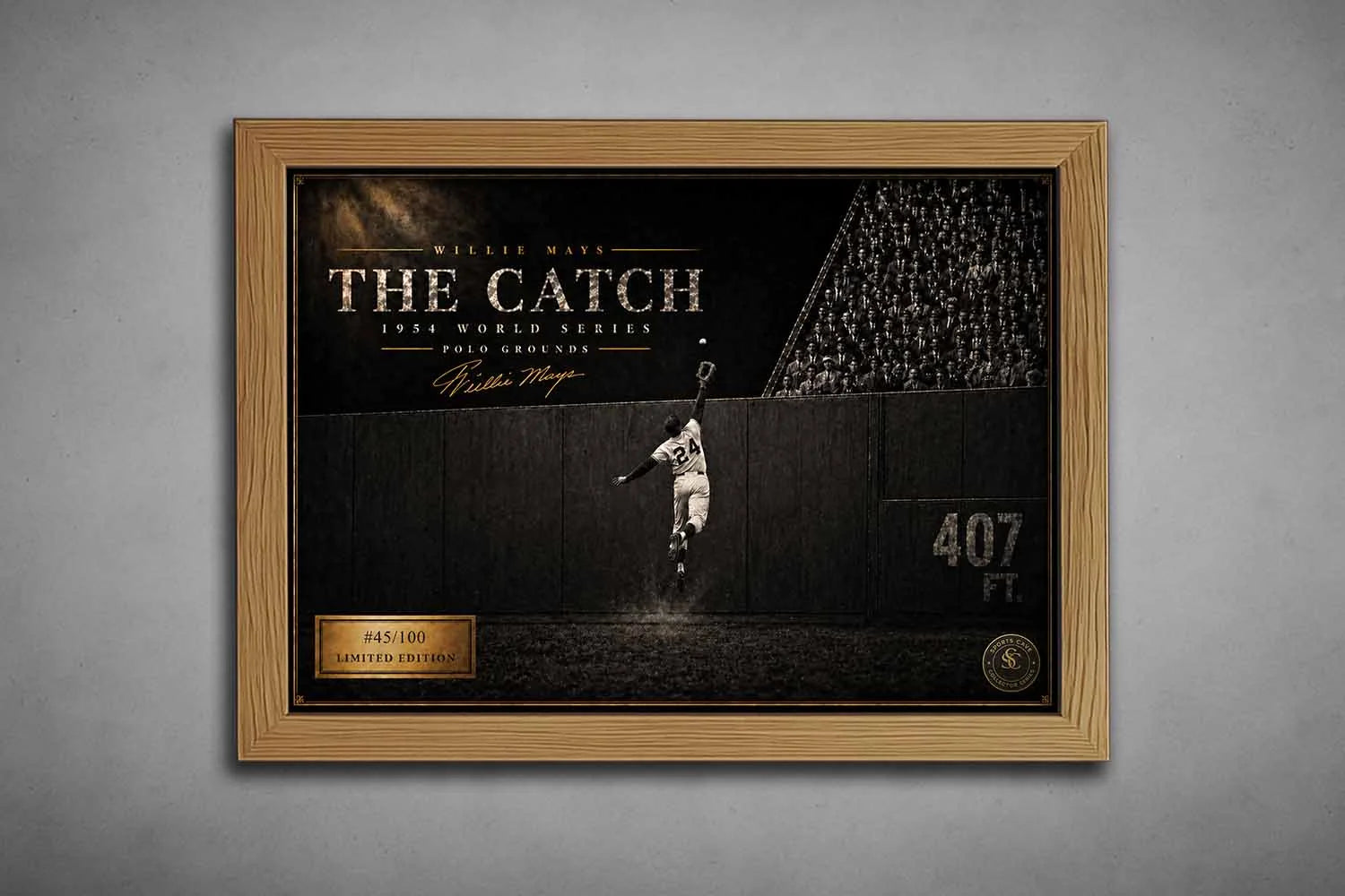 Oak framed Willie Mays The Catch baseball sports wall art featuring the iconic 1954 World Series moment in vintage style.