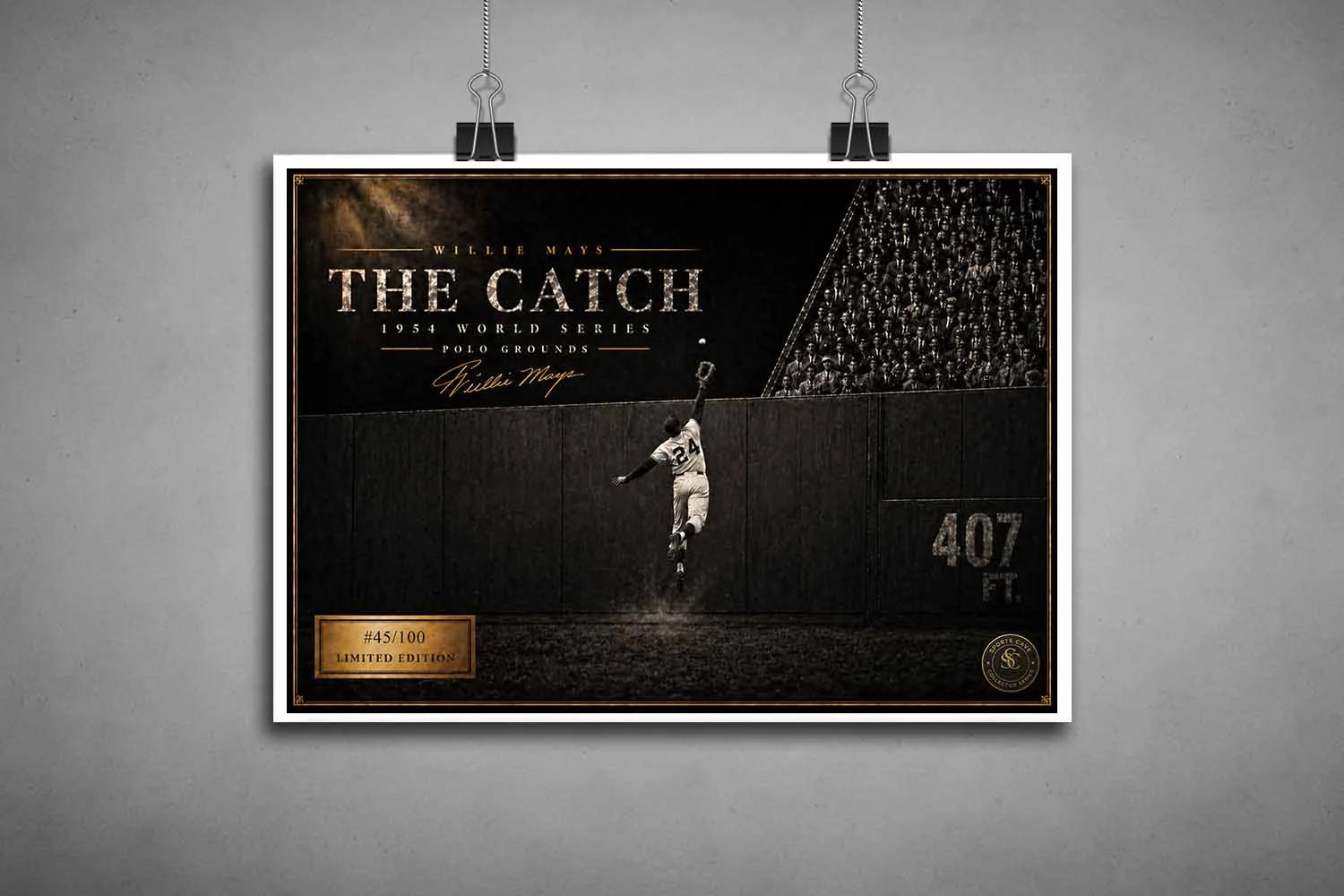 Unframed Willie Mays The Catch sports wall art print with white border, shown as a clean baseball collector display.