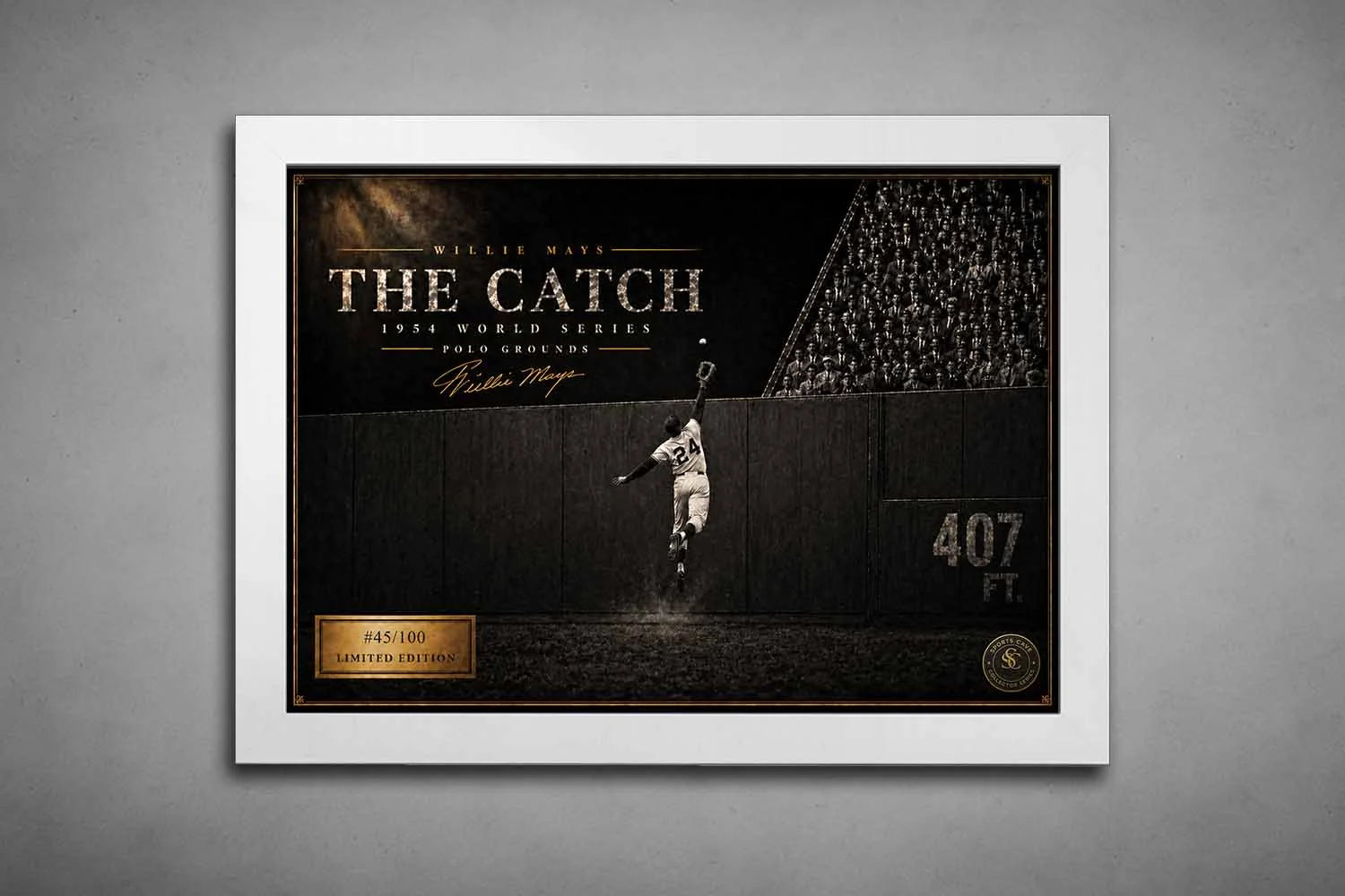 White framed Willie Mays The Catch baseball sports wall art celebrating the 1954 World Series at the Polo Grounds.
