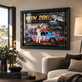 Richard Petty Win 200 wall art displayed in a contemporary living room with a black frame.