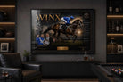 Winx framed sports wall art displayed in a luxury man cave with premium sports collectibles styling.