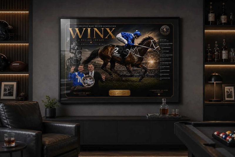 Winx framed sports wall art displayed in a luxury man cave with premium sports collectibles styling.