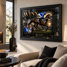 Winx black framed horse racing wall art displayed in a bright modern living room above a neutral sofa and black accents.