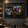 Winx black framed horse racing wall art displayed in a dark man cave with leather seating and collector-style décor.