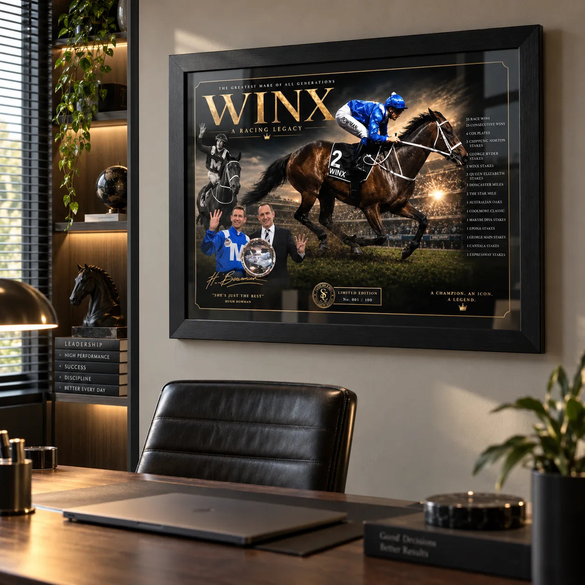 Winx black framed horse racing wall art displayed above a desk in a modern office with warm shelving and dark finishes.