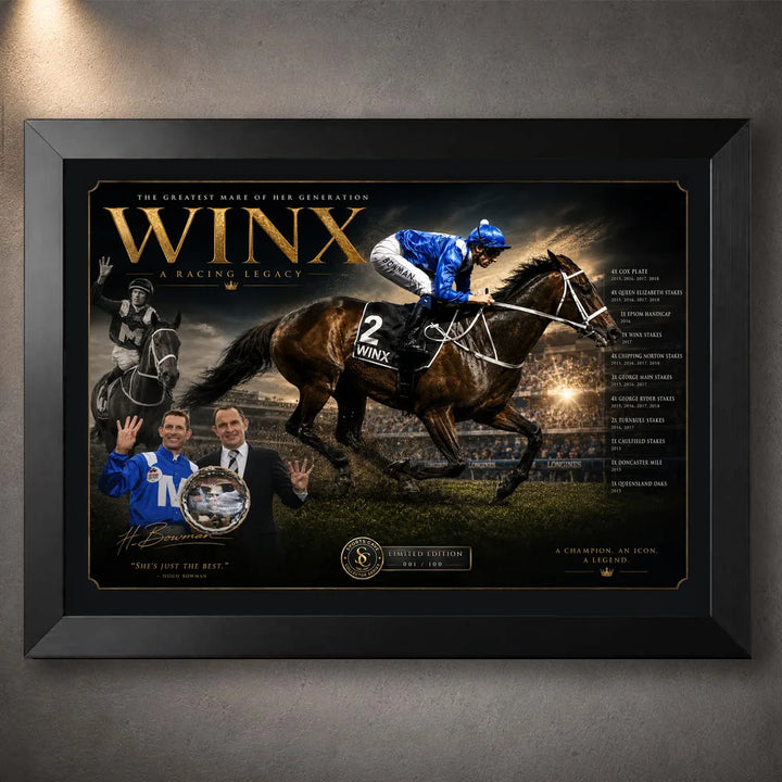 Black framed Winx horse racing wall art featuring the champion mare and jockey in a dark gold collector design.