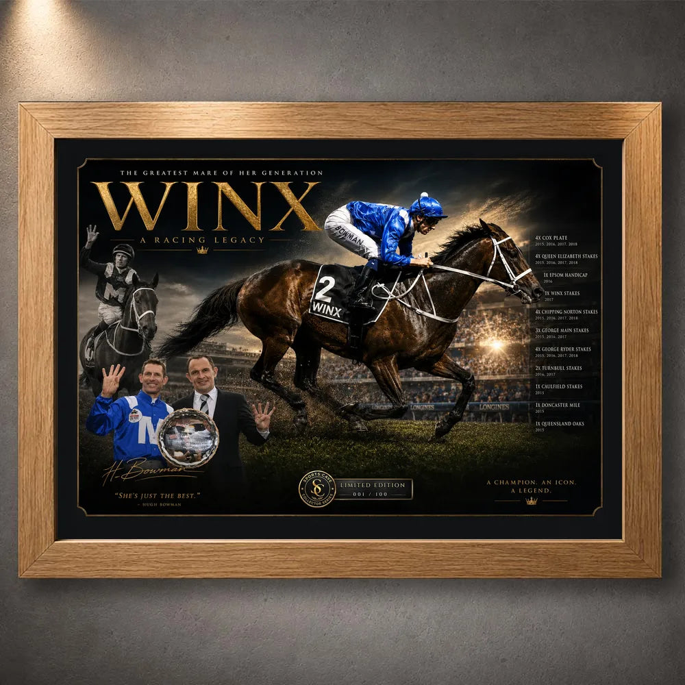 Oak framed Winx horse racing wall art featuring the champion mare and jockey in a dark gold collector design.