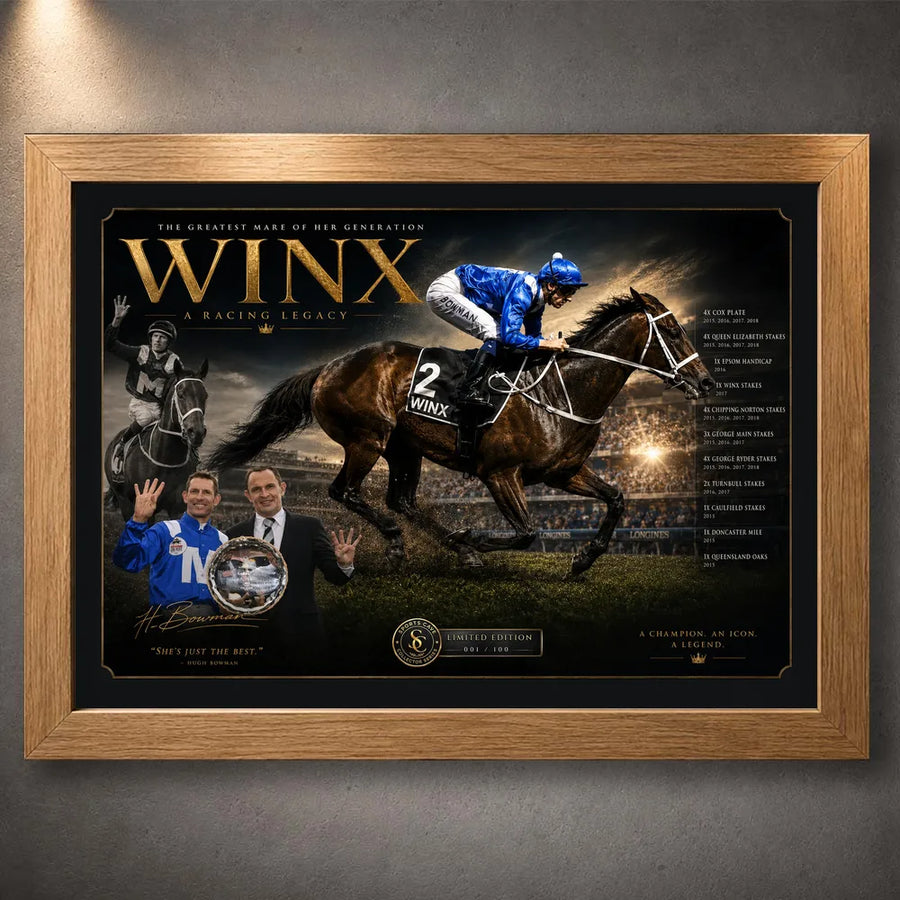 Oak framed Winx horse racing wall art featuring the champion mare and jockey in a dark gold collector design.