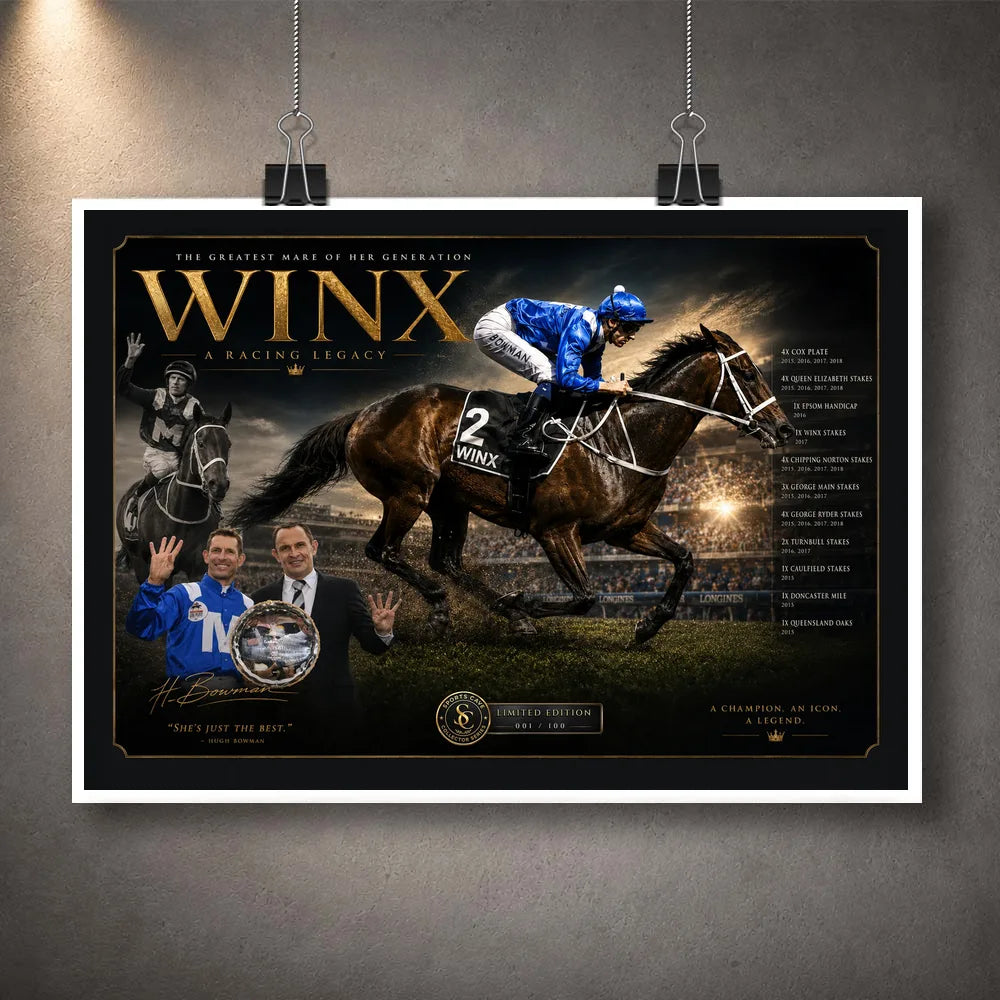 Unframed Winx horse racing wall art print featuring the champion mare and jockey in a dark gold collector design.